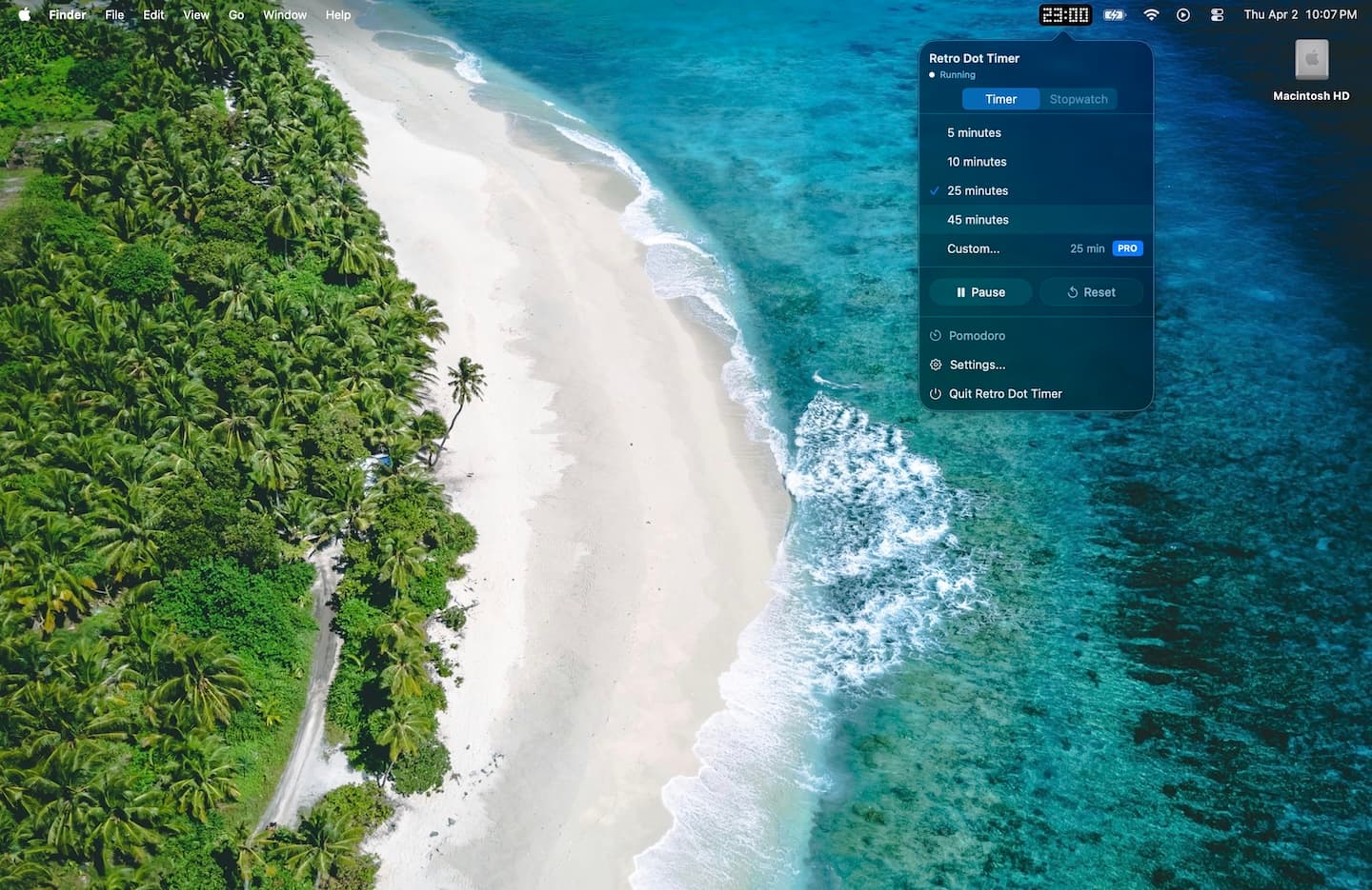 RetroDot Timer popover UI showing timer controls and preset options