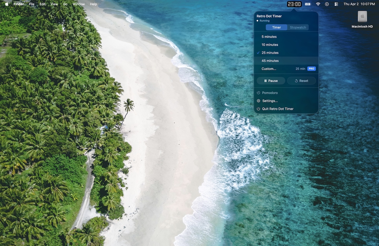 Retro Dot Timer popover showing timer controls in the macOS menu bar
